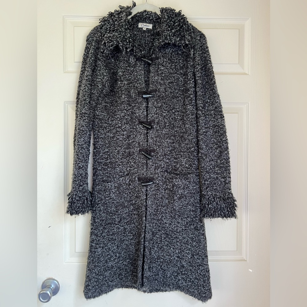 Long black & gray sweater jacket with cute buttons & fringe accents. Size small
